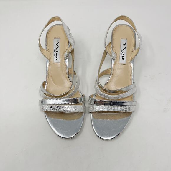 Nina New York Womens 6.5 Silver Canton Strappy Sling Back Open Toe Heels Evening - Picture 5 of 13